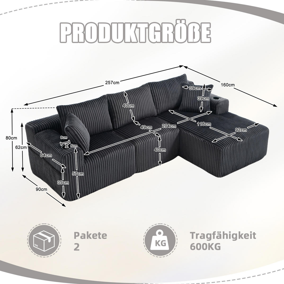 MODULARES Sofa Cord Chaiselongue und 2-Sitzer mit Kissen Taschen und Getränkehaltern 257/90 160/62 cm Grau - Grau, Textil (160/257cm) - Redom