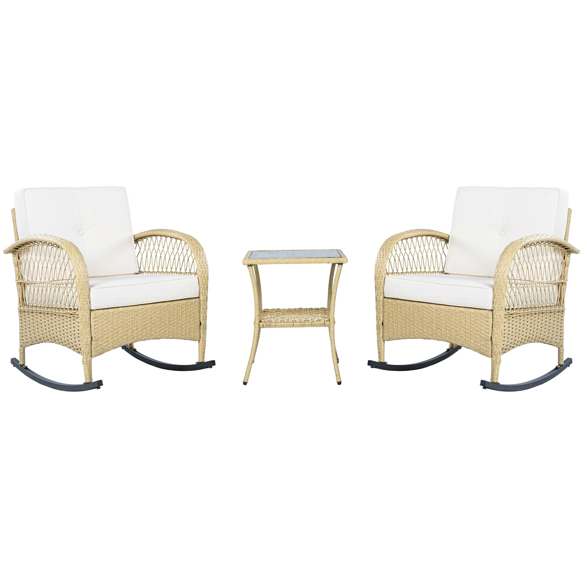 BALKONMÖBEL-SET 45/45/61 cm beige aus Rattan und Metall mit 2 Schaukelstühlen und Glastisch - Beige, Metall - OKWISH
