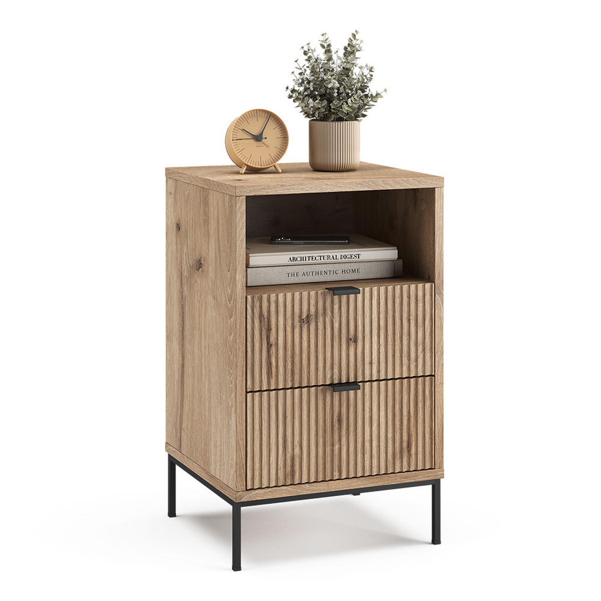 NACHTTISCH Eliza, Viking Oak/Schwarz, 40 x 66 cm mit 2 Schubladen & 1 Fach - Eichefarben/Schwarz, Holzwerkstoff (40/66/38.1cm) - Vicco