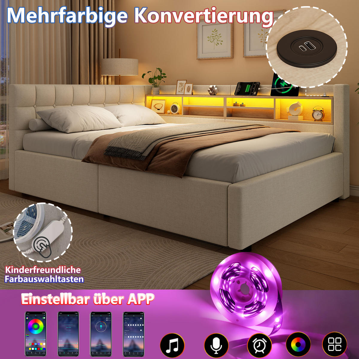 TAGESBETT 140x200cm Schlafsofa Hydraulik LED USB Beige - Beige, Naturmaterialien (140/200cm) - FLIEKS