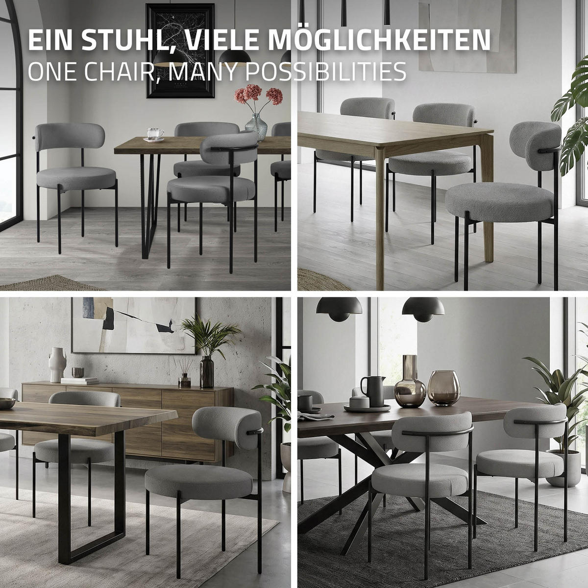 ESSZIMMERSTUHL 6er Set Teddystoff grau - Schwarz/Grau, Metall (53/78/50cm) - ML-DESIGN