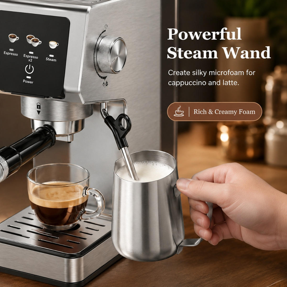 ESPRESSOMASCHINE 20 Bar, MIT TOUCHSCREEN UND MILCHAUFSCHÄUMER Heimische Küche - Schwarz, Metall (14.3/30.9/29.9cm) - Rolipo