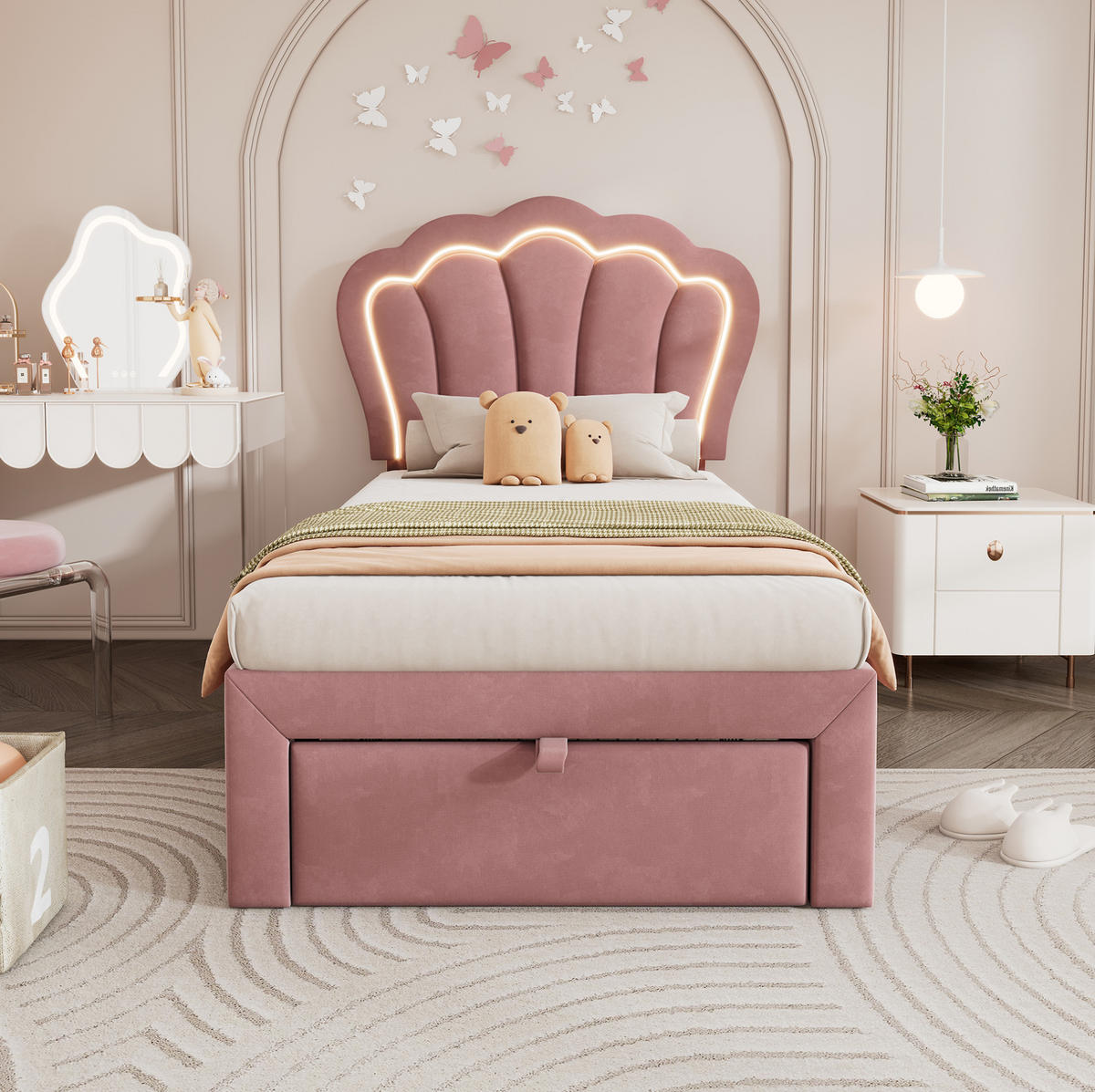 KINDERBETT 90/190 cm aus Samt mit LED-Beleuchtung und Schublade in Rosa - Rosa, Textil (90/190cm) - Flora Grace