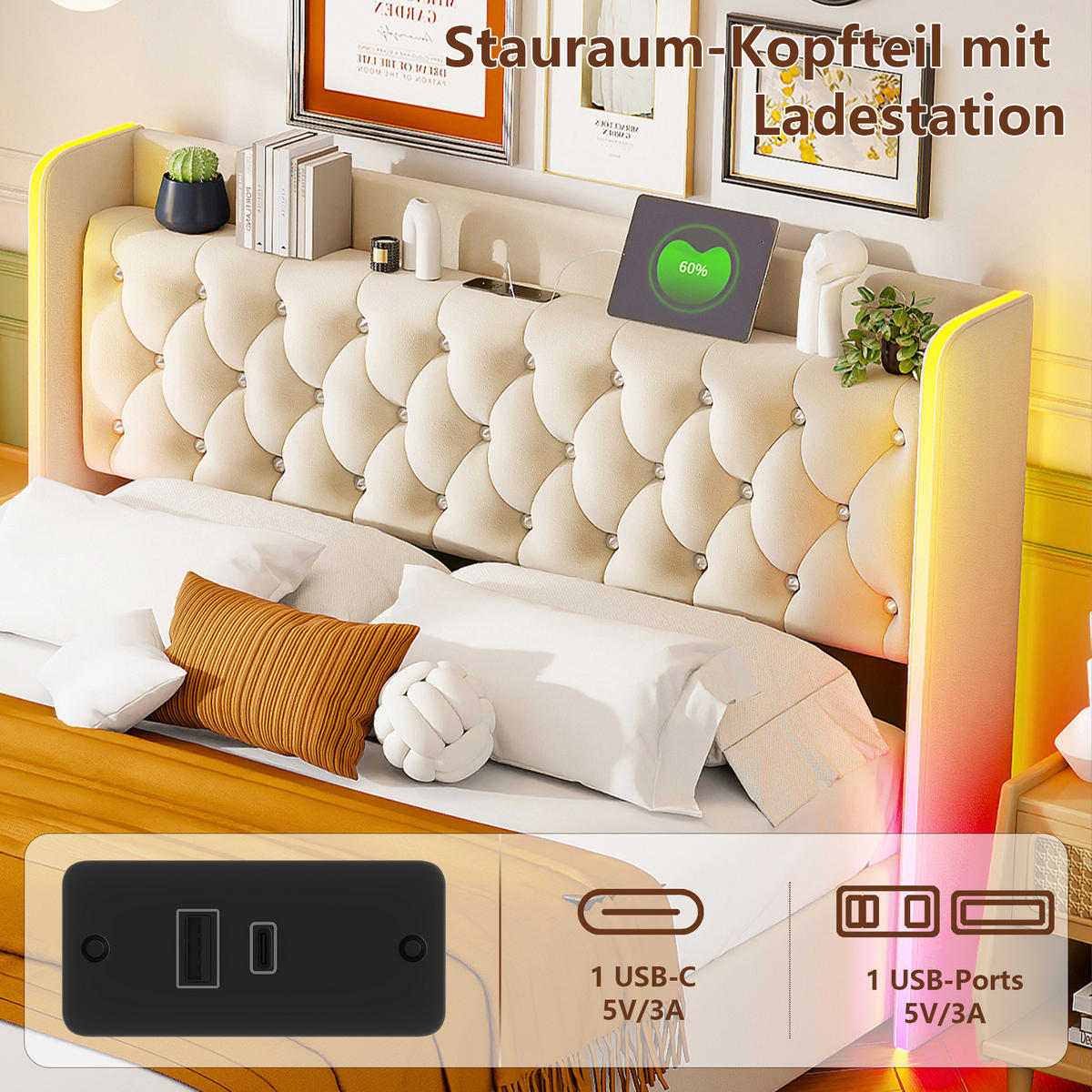POLSTERBETT 160x200 mit LED, USB & Stauraum, Kunstleder, beige - Beige, Metall (160/200cm)