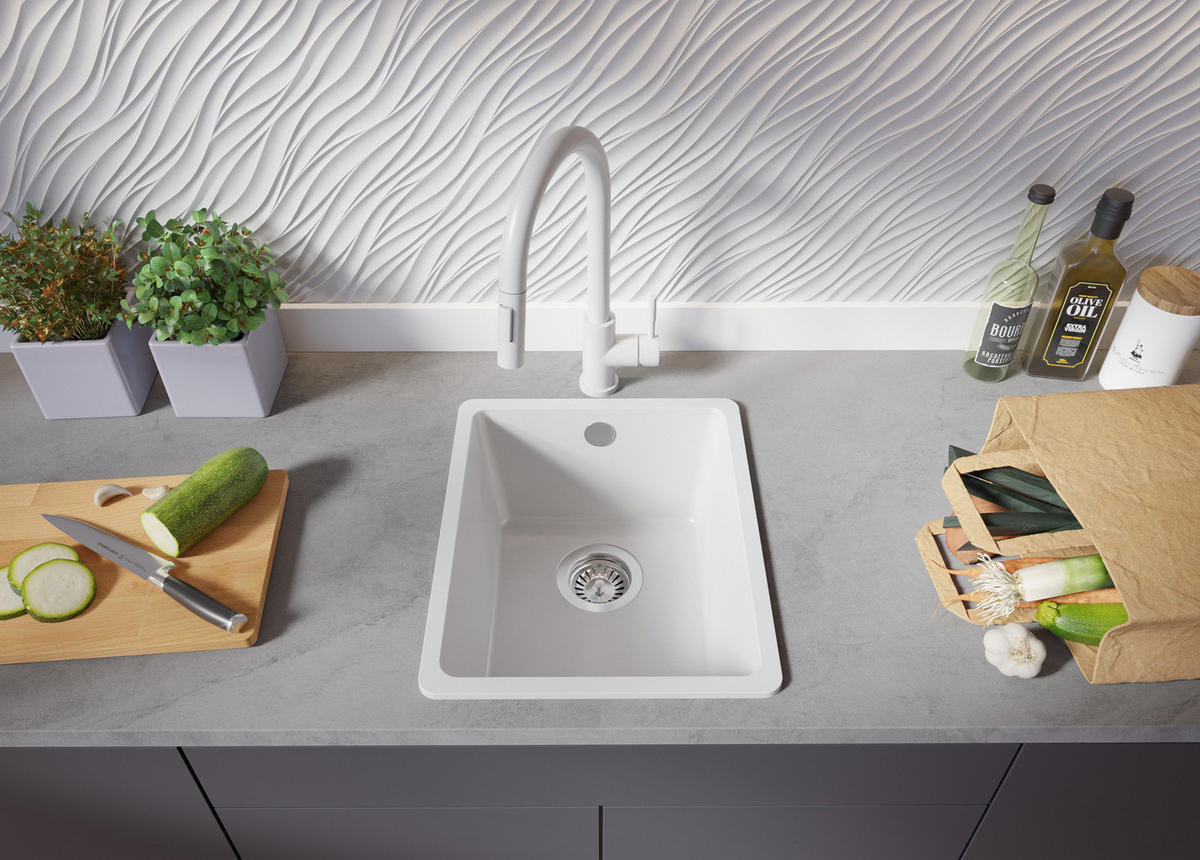 GRANITSPÜLE Venedig Slim Easy, 2-er set Weiß 36/44 cm 1 Becken + Küchenarmatur 40/20 cm + Ablauf-Set ab 40er Unterschrank - Chromfarben/Weiß, Kunststoff (36/20/44cm) - Primagran