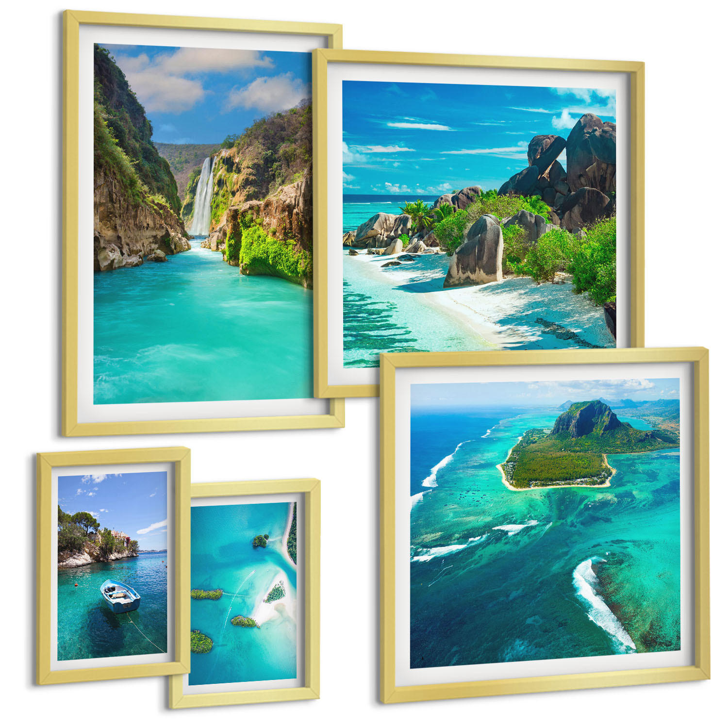 BILDER SET 5er Set - 50x50 cm & 20x30 cm & 40x60 cm Goldrahmen - Seeboote Hirsche Berge - Goldfarben, Kunststoff (40/60cm) - TULUP