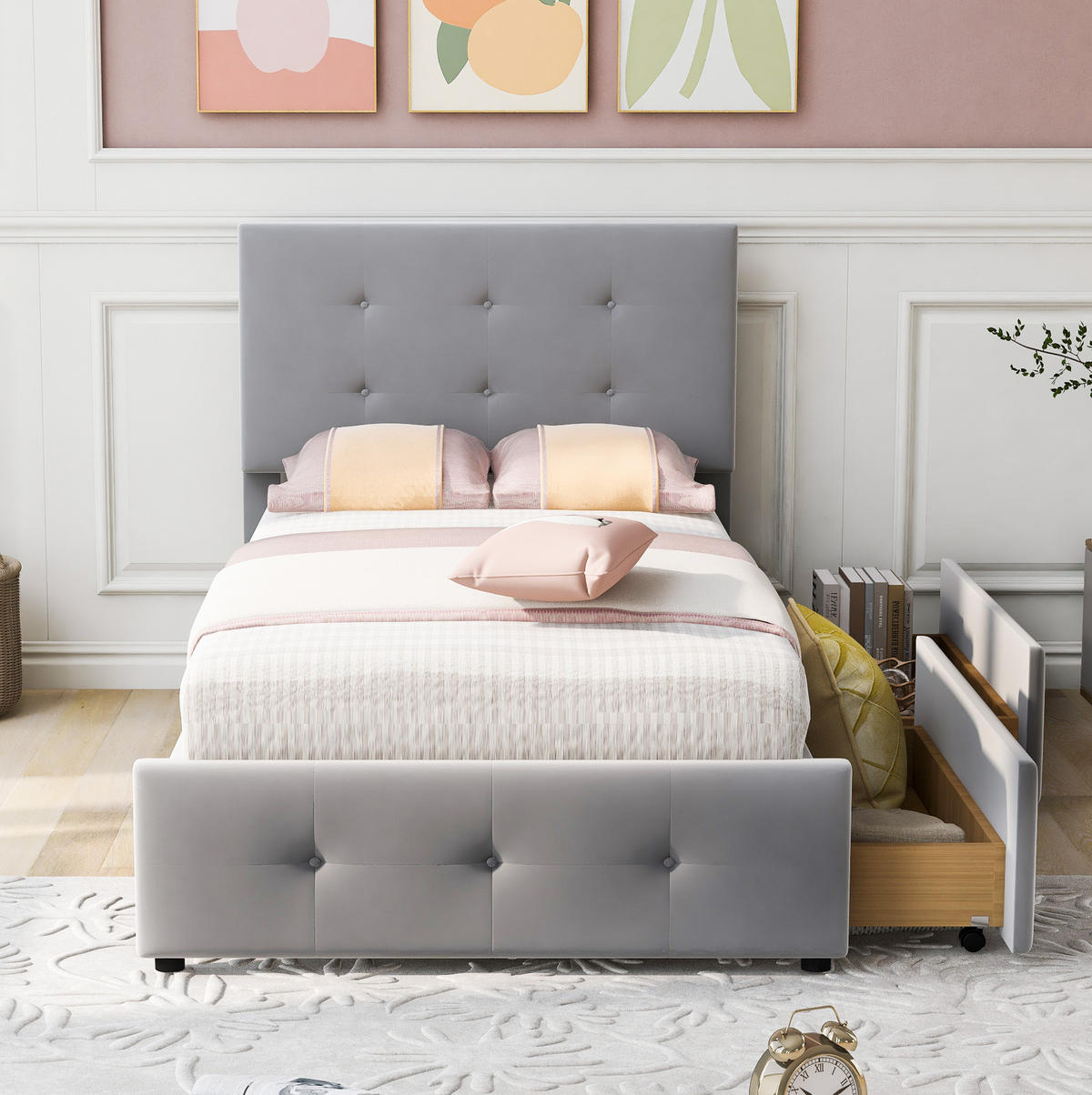 POLSTERBETT 90/200 cm Grau aus Samt mit Schublade - Grau, Textil (90/200cm) - Flora Grace
