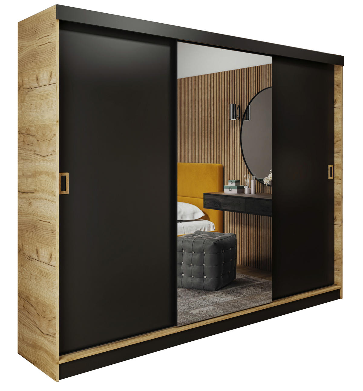 SCHIEBETÜRENSCHRANK RETRO 1 200 - Eiche Craft Gold + Schwarz 200x205x59cm - Honigeiche/Schwarz, Holzwerkstoff (200/205/59cm) - Kier Furniture