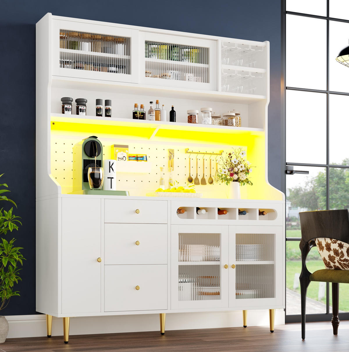 BUFFETSCHRANK 145/39/171 cm mit LED-Beleuchtung, verstellbaren Einlegeböden und Weinregal, Weiß - Weiß, Glas (145/171/39cm) - Redom