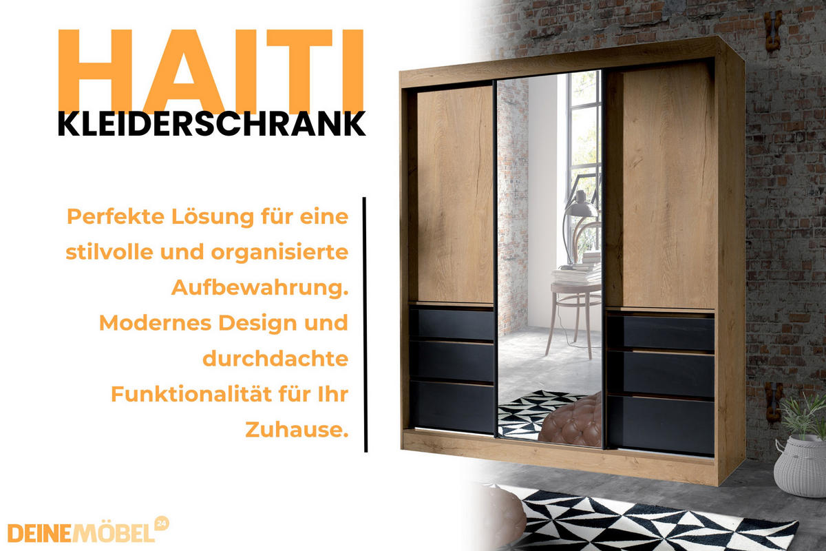 SCHWEBETÜRENSCHRANK HAITI 180/216 cm in Eiche Lefkas / Schwarz - Eichefarben/Schwarz, Holzwerkstoff (180/65/216cm) - Deine Möbel 24