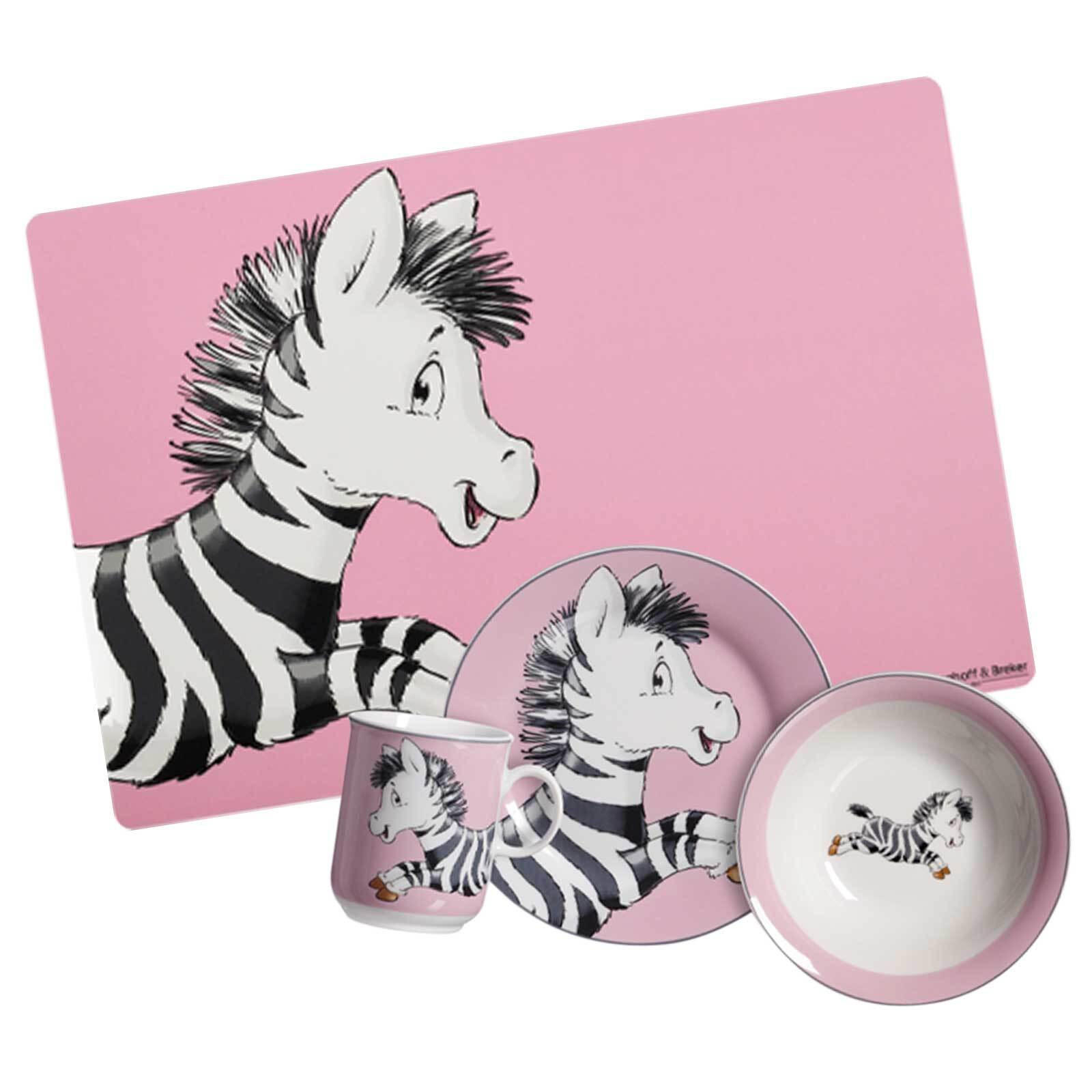 KINDERGESCHIRR + TISCHMATTE Happy Zoo Zebra 4er Set - Pink, Keramik (1/1/1cm) - Ritzenhoff Breker