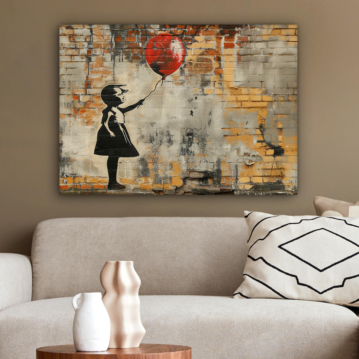 LEINWANDBILD Graffiti - Banksy - Mädchen - Straßenkunst Wandbilder 80x60 cm - Sandfarben, Textil (80/60cm) - MuchoWow