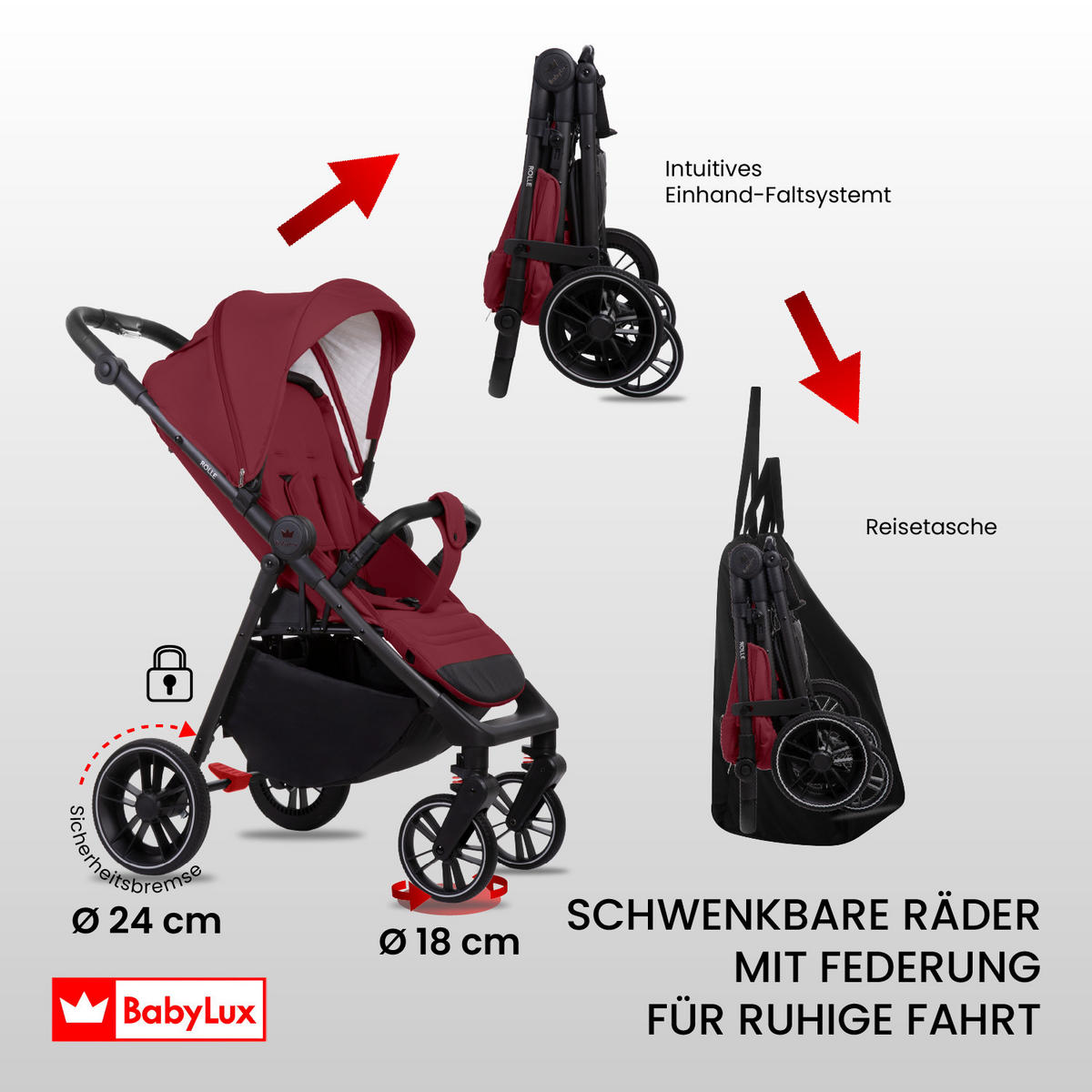 BUGGY Rolle, Klein und Leicht, Teleskopische Führung, Kompakt Faltbar, Wickeltasche, Reisetasche - Rot/Schwarz, Textil/Metall (58/99cm) - BabyLux