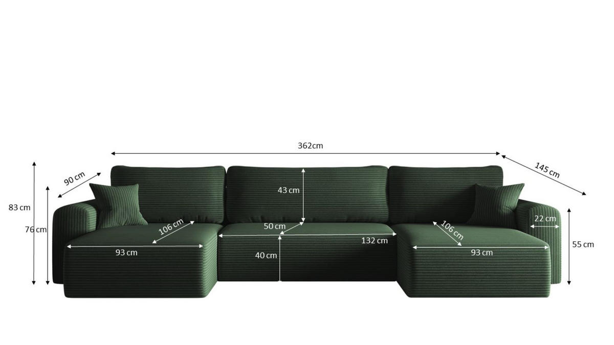 ECKSOFA Mit Schlaffunktion Und Bettkasten U-form CAPRI Poso Grün - Grün, Holz/Textil (145/362cm) - Kaiser Möbel