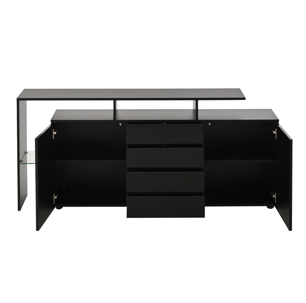 SIDEBOARD aus Spanplatte und Glas 160x35x70 cm Schwarz mit LED-Beleuchtung, 4 Schubladen und Stauraum - Schwarz, Holzwerkstoff (160/70/35cm) - IVMEU