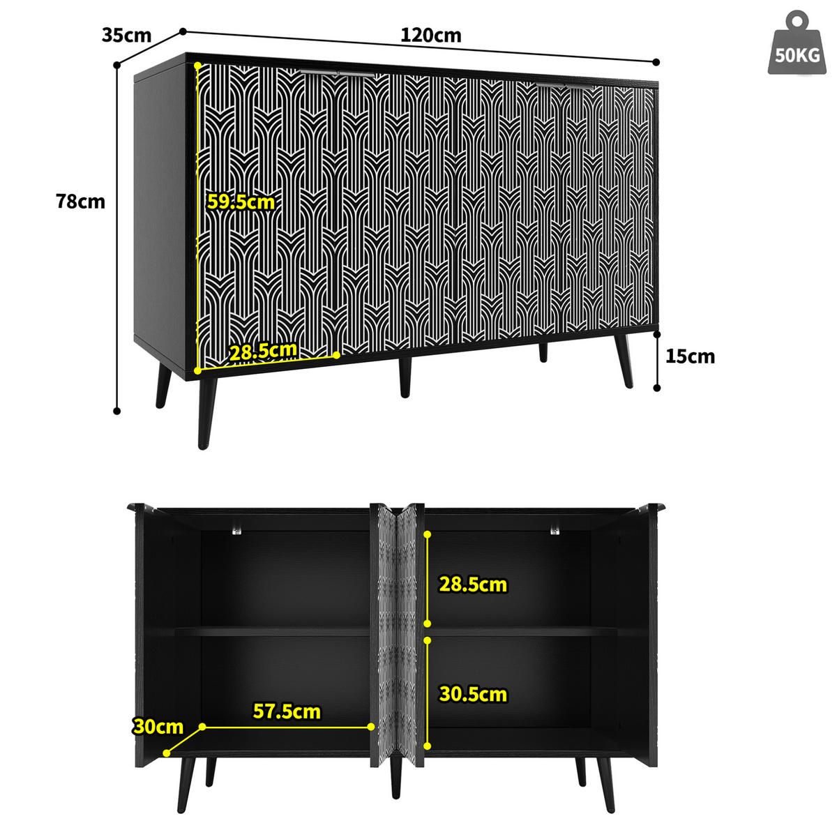 SIDEBOARD 120/35/78 cm mit 2 Türen, Metallbeinen und geometrischer Front - Schwarz, Holzwerkstoff (120/78/35cm) - BEAOK