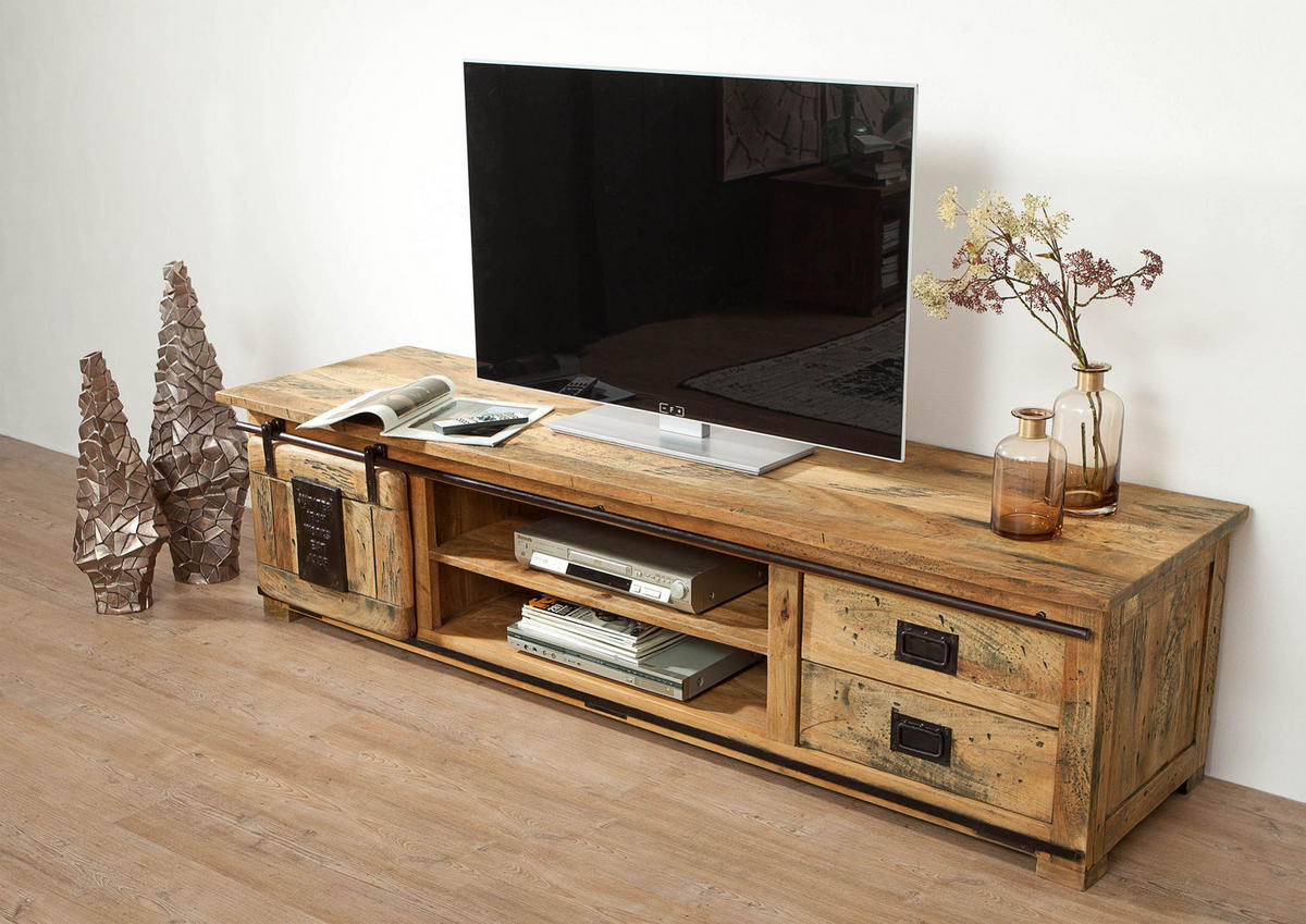 TV-BOARD Mango 200x55x50 natur lackiert RAILWAY #136 - Naturfarben, Holz (200/50/55cm) - Massivmoebel24