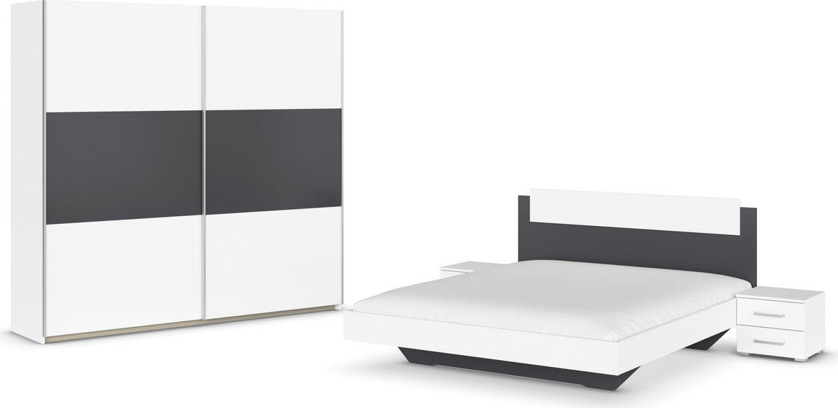 SCHLAFZIMMER Borba in Weiß und Grau 4 teilig – mit Bettanlage 160x200cm, zwei Nachttisch und Schwebetürenschrank 218cm Breite - Weiß, Holzwerkstoff (80/200/120cm)
