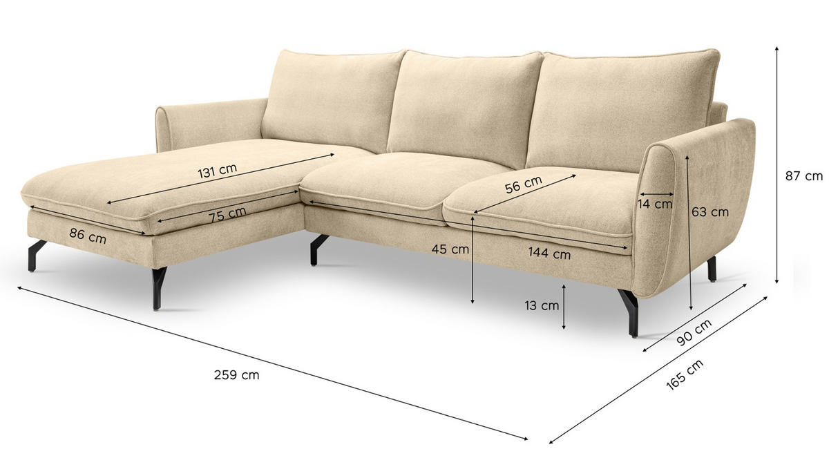 SOFA beige Webstoff 259 x 167 cm, Ecksofa 5-Sitzer, L-Sofa Ottomane links - Beige/Schwarz, Holz/Textil (259/167cm) - Inn.Furn