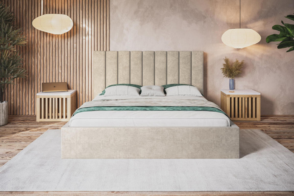 BETT 200x200 - Polsterbett mit Bettkasten und Metallrahmen - Modern Betten - Weicher Jasminstoff - Kollektion Sapporo - Beige - Beige, Holz/Textil (200/200cm) - Alpi-Möbel