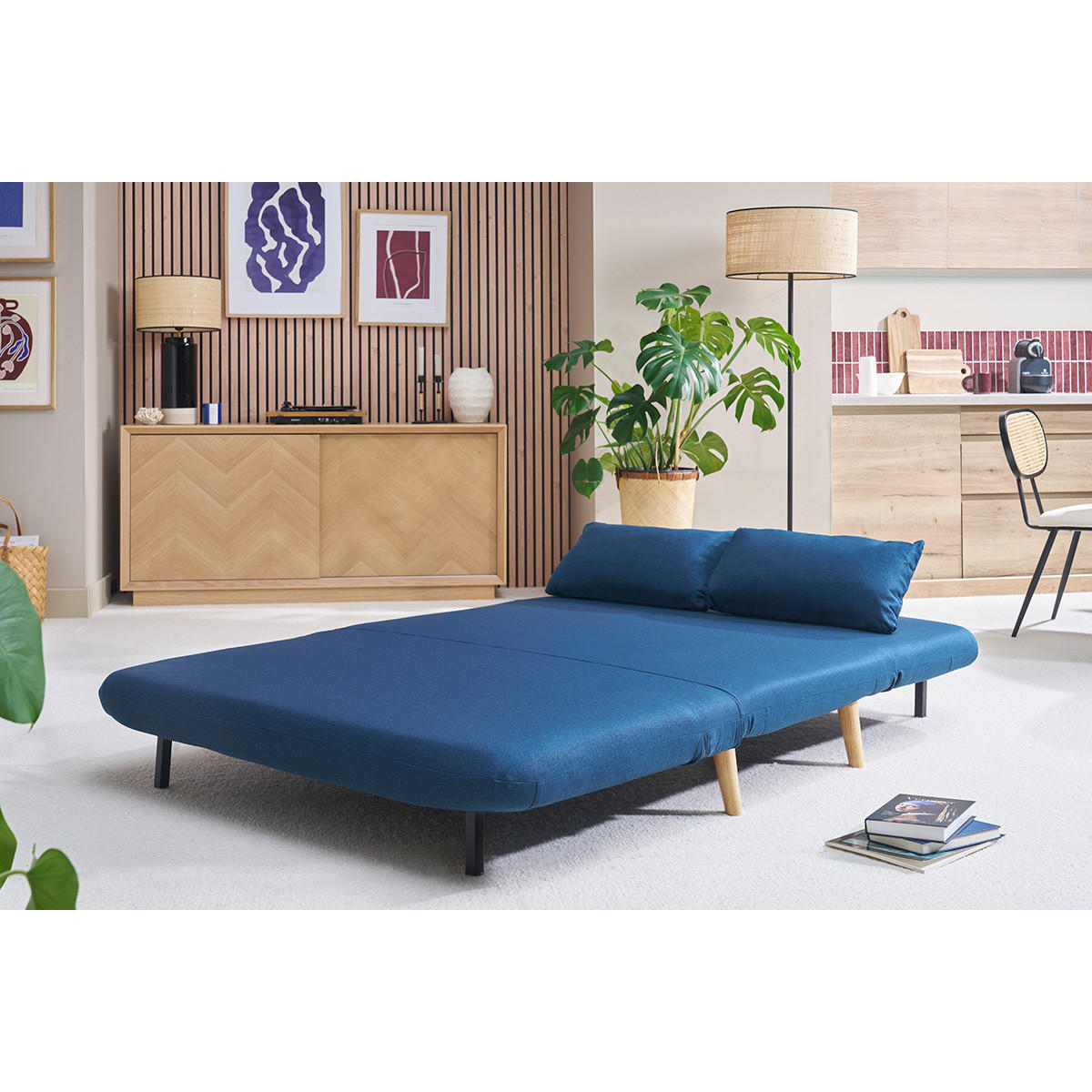 SCHLAFSOFA 2-Sitzer Dunkelblau Stoff Helles Holz AMIKO - Dunkelblau, Textil (87/78/132cm) - Miliboo