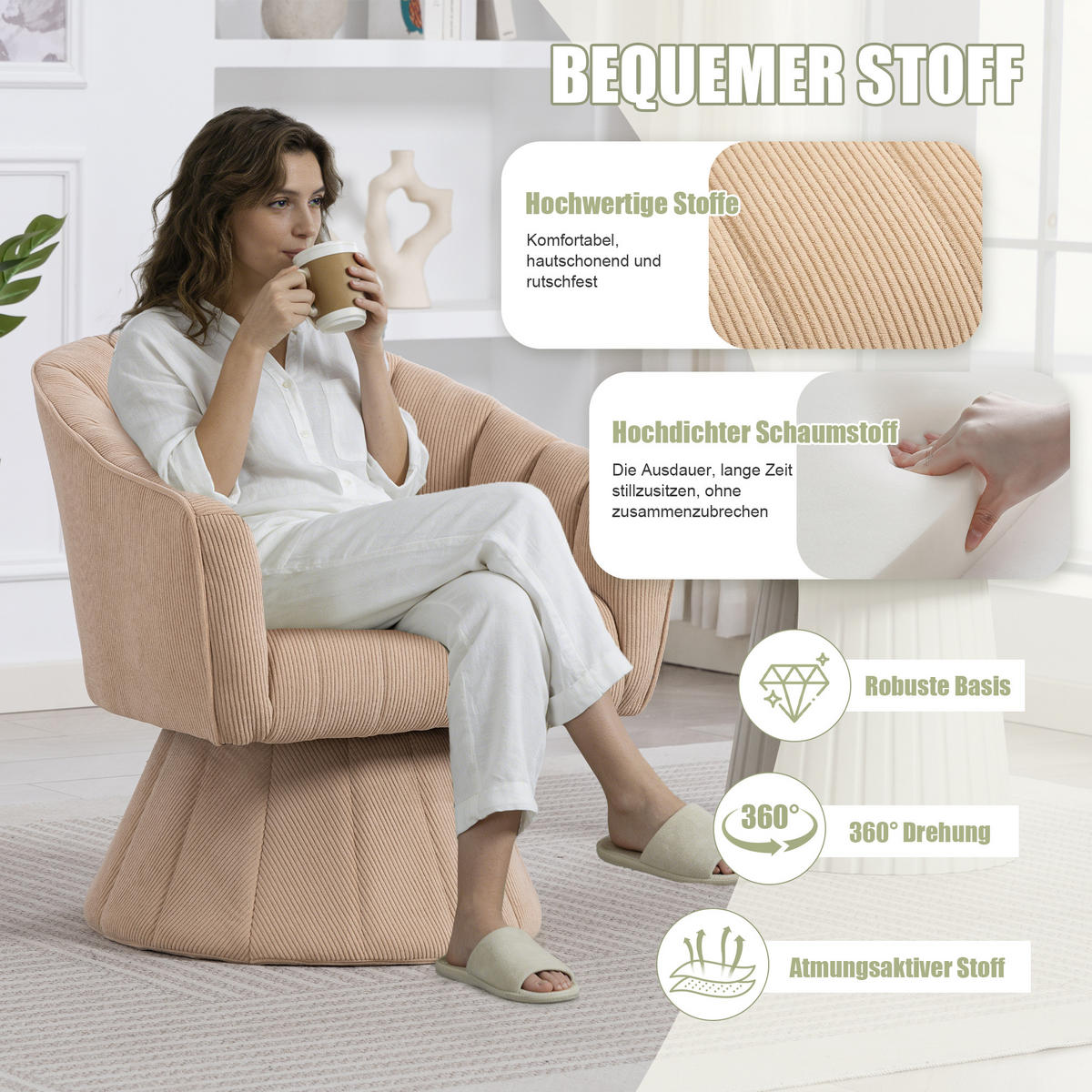 DREHSTUHL Moderner 360° Beige mit Cord-Bezug - Beige, Textil (70/72/66cm) - Urban Meuble