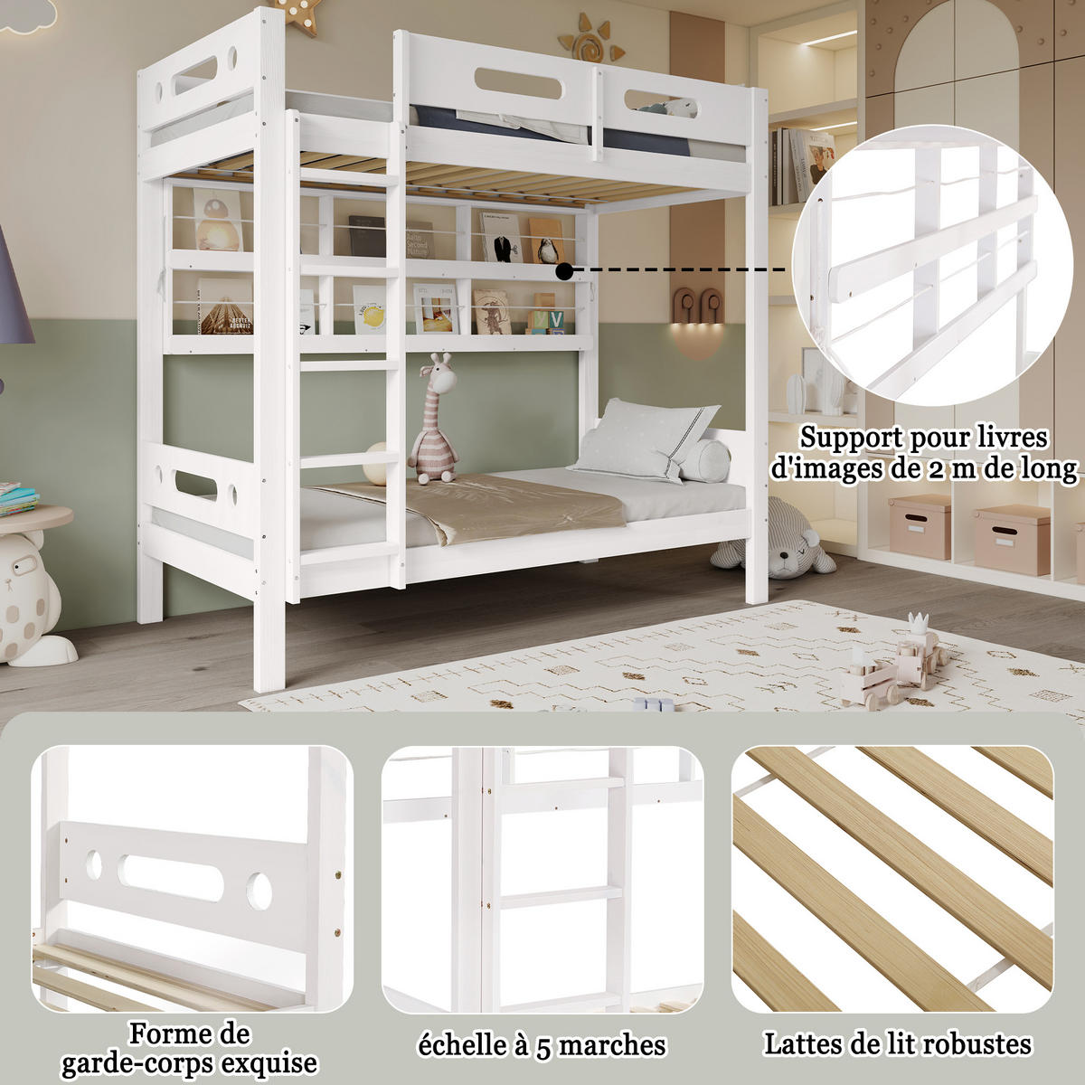 ETAGENBETT Kiefernholz Weiß 90/200 cm mit Leiter und Regalen - Naturfarben, Holz (90/200cm) - ComfortXL