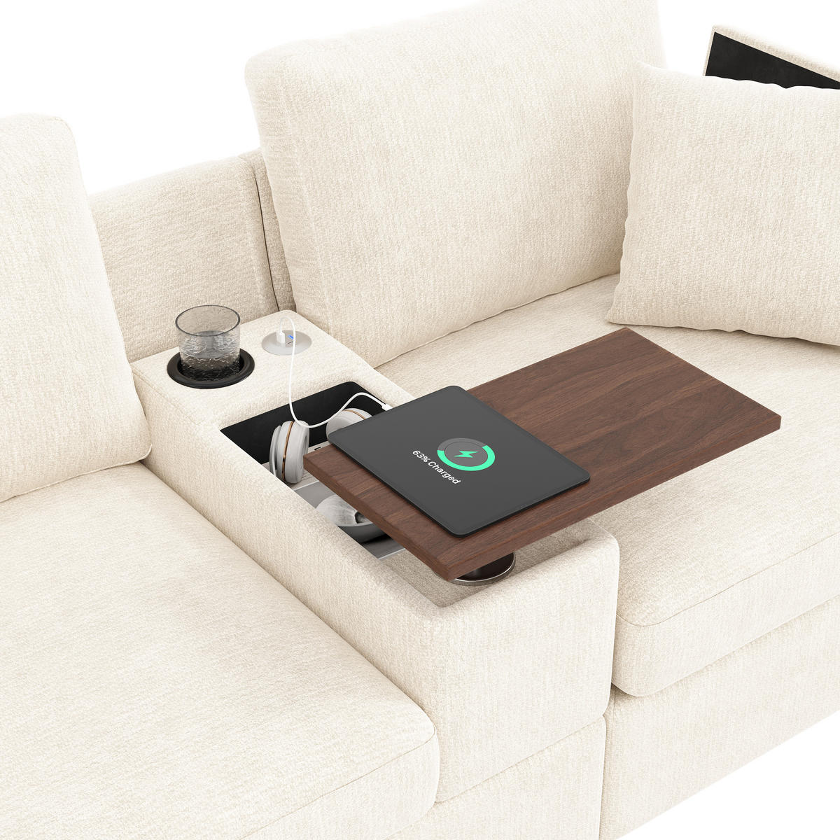 ECKSOFA mit USB/Type-C, Stauraum und drehbarem Couchtisch - Beige, Textil (313/147cm) - EVRYAE