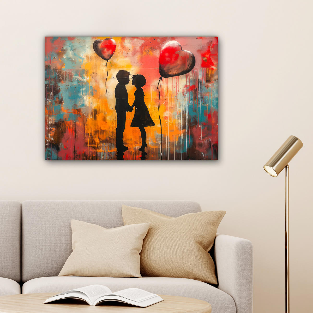 LEINWANDBILD Straßenkunst - Liebe - Graffiti - Kunst - Banksy 80x60 cm - Orange, Textil (80/60cm) - MuchoWow