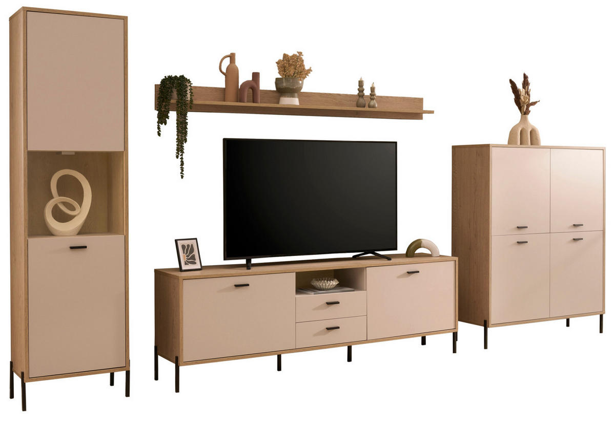 WOHNWAND Kaschmir, Eiche 384 cm Set 4-teilig, Wohnkombination mit Soft-Close - Kaschmir/Eichefarben, Glas/Holzwerkstoff (384/204/40cm) - Furn.Design