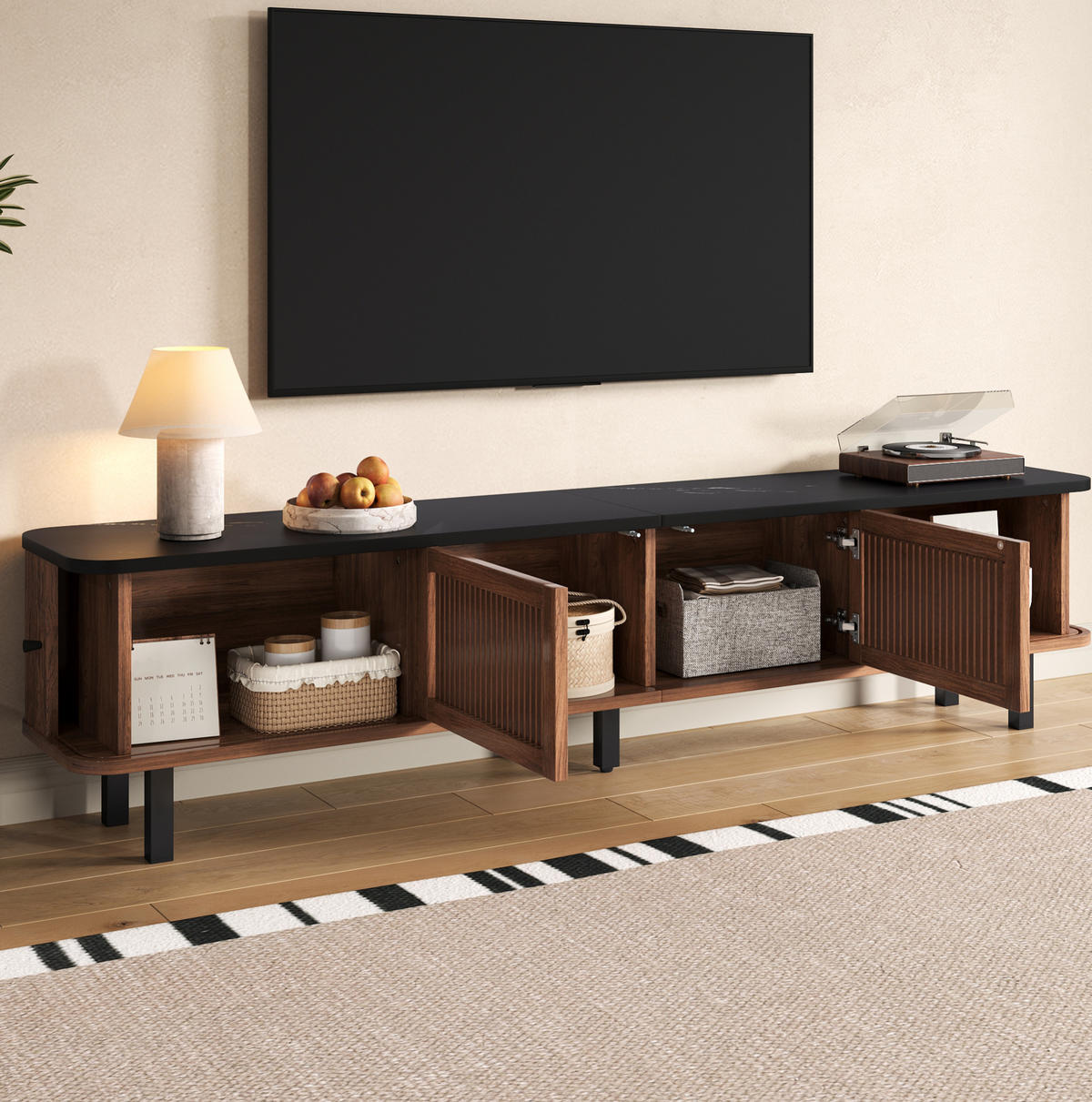 TV ormarić od MDF-a i iverice 190x35x45 cm orah s kliznim i rešetkastim vratima te velikim prostorom za odlaganje - smeđa, drvni materijal (190/45/35cm) - Modfu