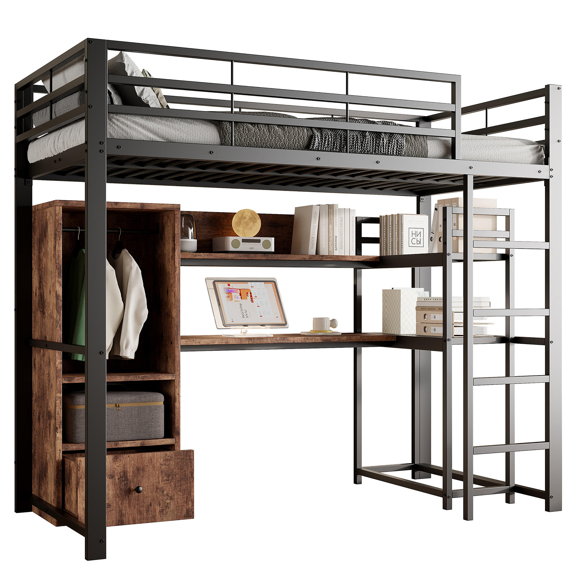 HOCHBETT 90/200 cm aus Metall und MDF mit Schreibtisch und LED-Beleuchtung Schwarz - Schwarz, Holzwerkstoff (90/200cm) - Modenvie