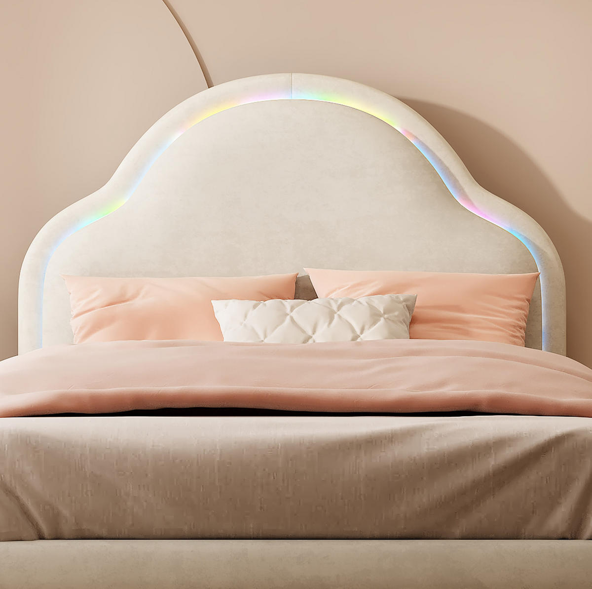 POLSTERBETT 90/200 cm Beige aus Samt mit LED-Streifen - Beige, Textil (90/200cm) - OKMYHOME