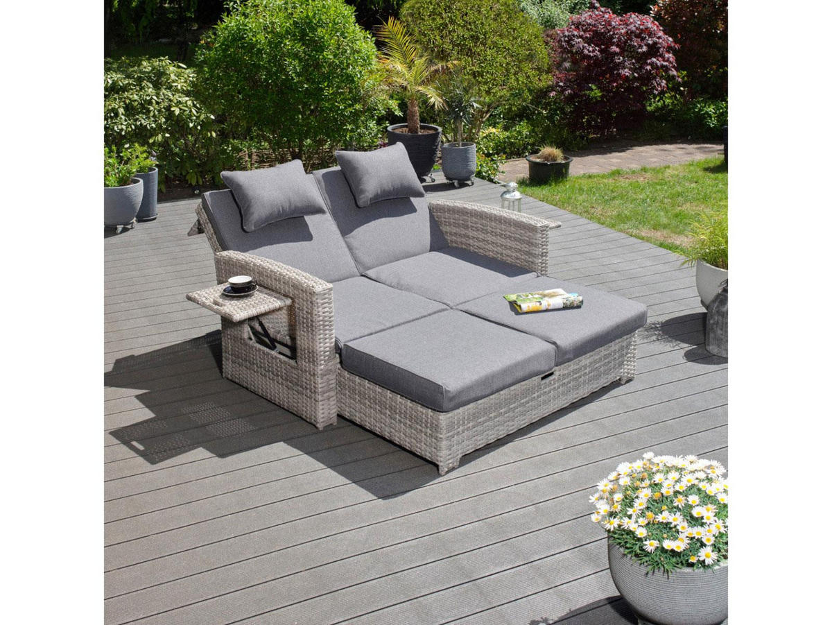 GARTEN-MULTIFUNKTIONSSOFA Sunny Grau Polyrattan ausklappbar für 2 Personen - Grau, Kunststoff (80/175/120cm) - Green Spirit