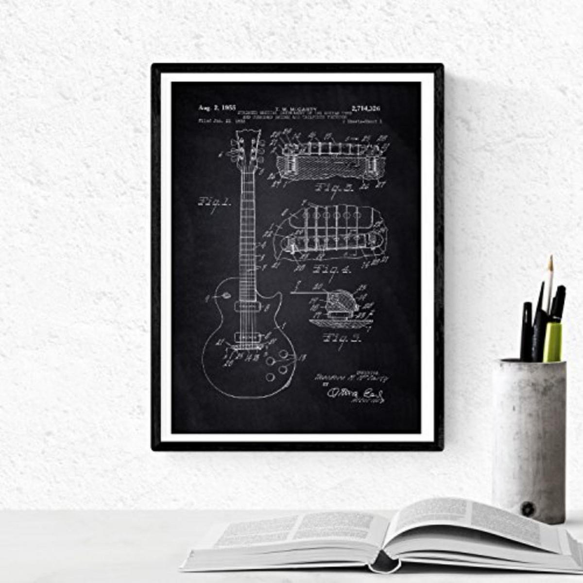 POSTER Set mit 4 Schwarz Patent für Musikinstrumente A4 Schwarzer Rahmen - Schwarz, Papier (29.7/3cm) - Nacnic