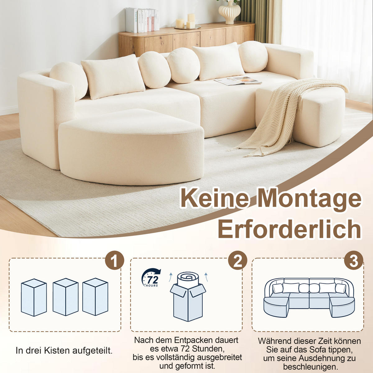 SCHLAFSOFA Beige Cloud Chenille modular 292cm Schlaffunktion - Beige, Textil (165/68/292cm) - FLIEKS