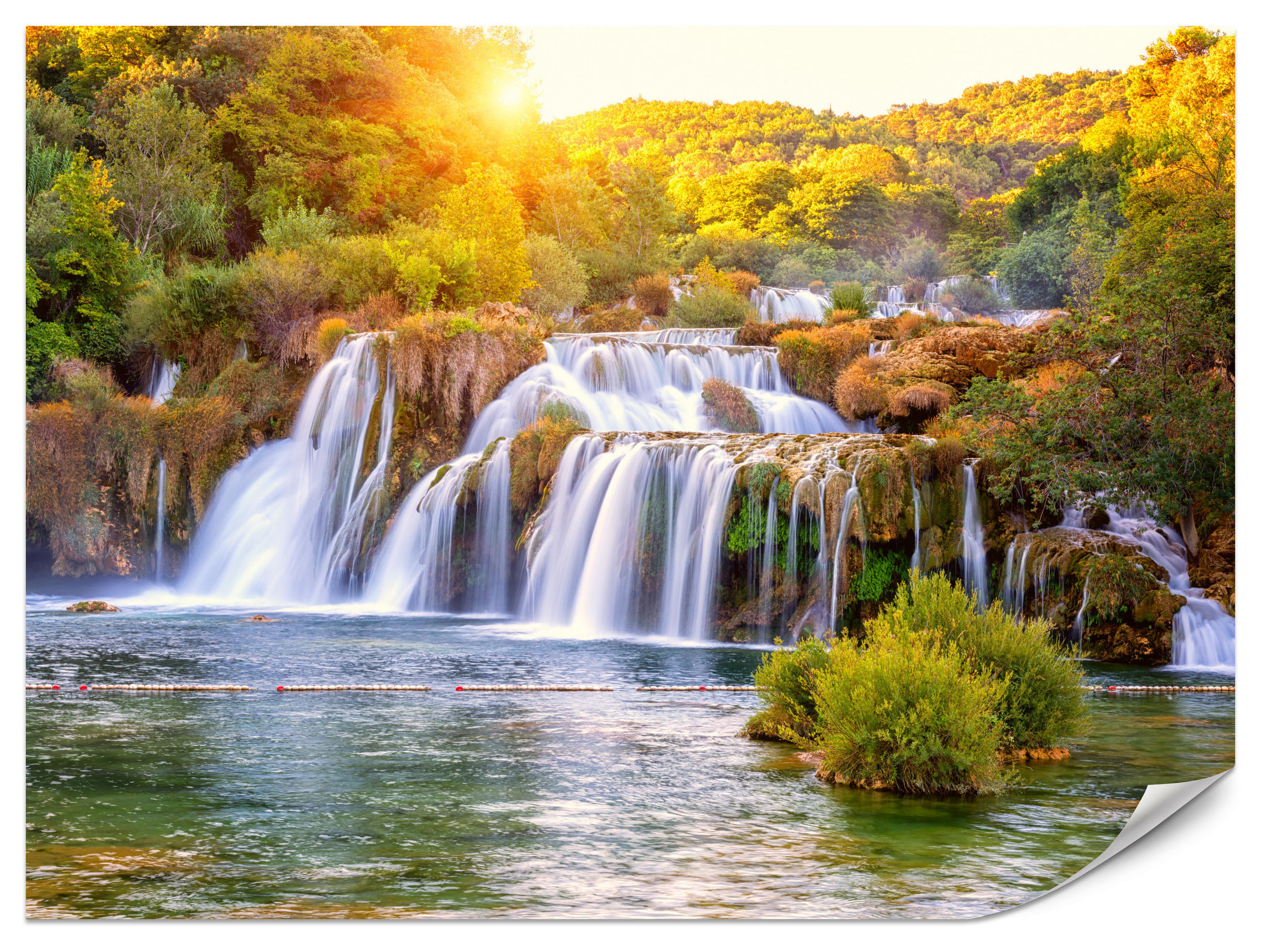 FOTOTAPETE für Esszimmer Wasserfall Sonnenaufgang Morgenlicht Bäume 300x210 - Gelb/Beige, Papier (300/210cm) - Muralo