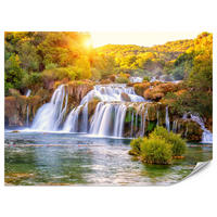 FOTOTAPETE für Esszimmer Wasserfall Sonnenaufgang Morgenlicht Bäume 300x210 - Gelb/Beige, Papier (300/210cm) - Muralo