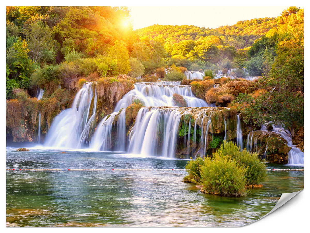 FOTOTAPETE für Esszimmer Wasserfall Sonnenaufgang Morgenlicht Bäume 300x210 - Gelb/Beige, Papier (300/210cm) - Muralo