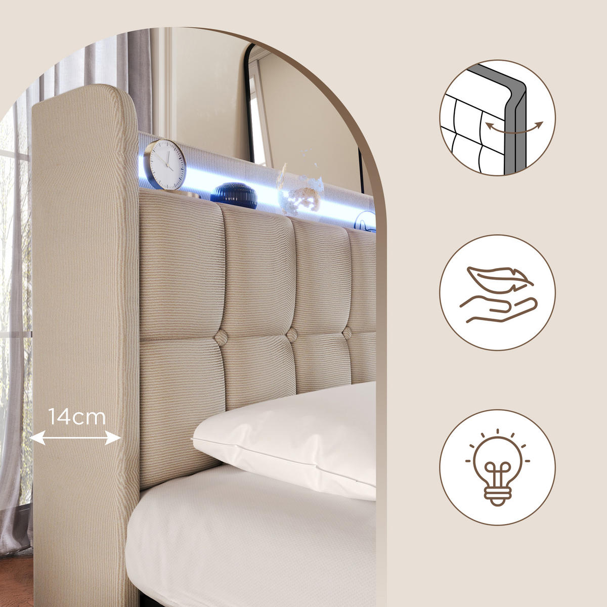 STAURAUMBETT 180/200 cm DE-00233, in Beige, LED und 4 Schubladen - Beige, Holz (180/200cm) - ComfortXL