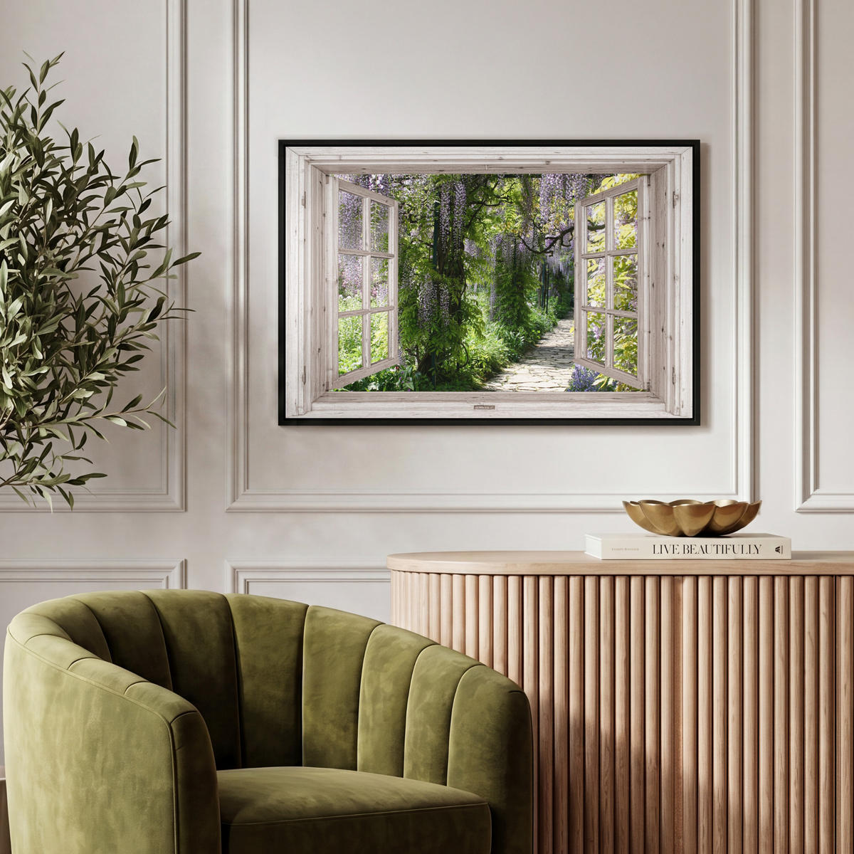 LEINWAND Bilder mit Rahmen - Blauer Regen - Blumen - Aussicht - Baum - Frühling - 60x40 - Grün, Textil (60/40cm) - MuchoWow