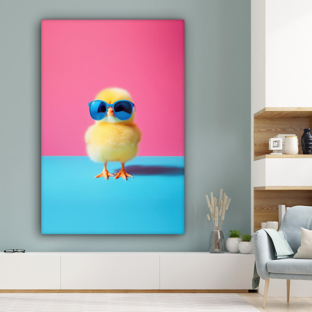 LEINWANDBILD Chick - Sonnenbrille - Blau Deko Groß 90x140 cm - Pink/Gelb, Textil (90/140cm) - MuchoWow