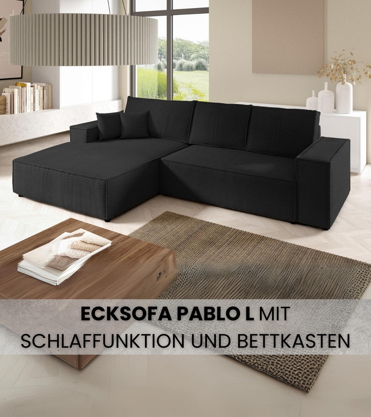 ECKSOFA Pablo mit Schlaffunktion Schwarz Cord - Schwarz, Textil (294/185cm) - Bromarkt