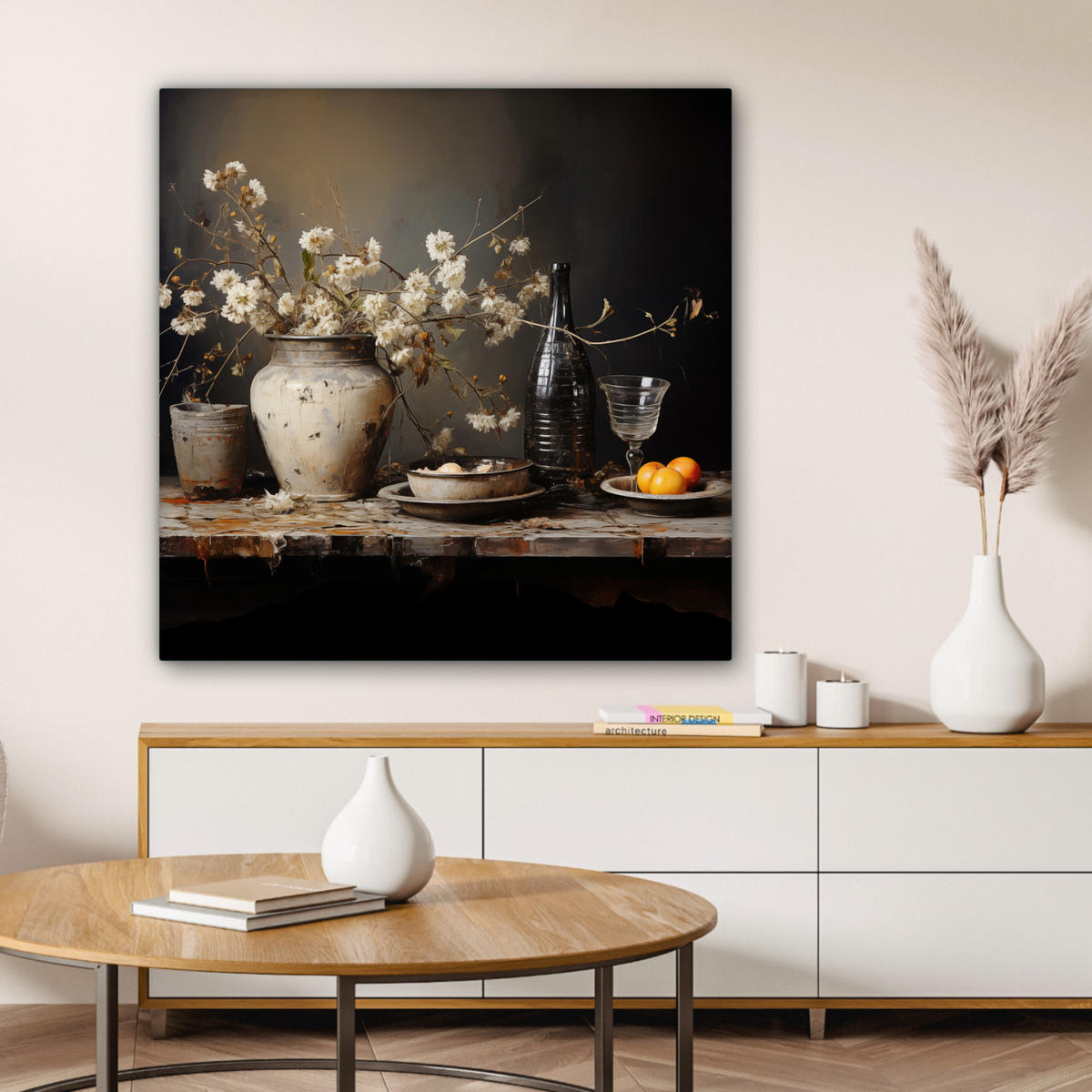 LEINWANDBILD Stilleben - Blumen - Blumenstrauß - Vase - Wein 90x90 cm - Schwarz, Textil (90/90cm) - MuchoWow