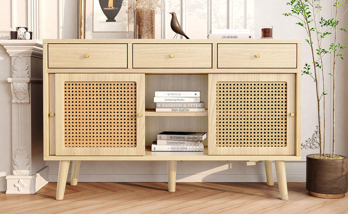 SIDEBOARD aus MDF in Eiche mit 3 Schubladen, 3 Schiebetüren und Rattanoptik, 120/40/78 cm, Eiche - Eichefarben, Holzwerkstoff (40/78/120cm) - Redom