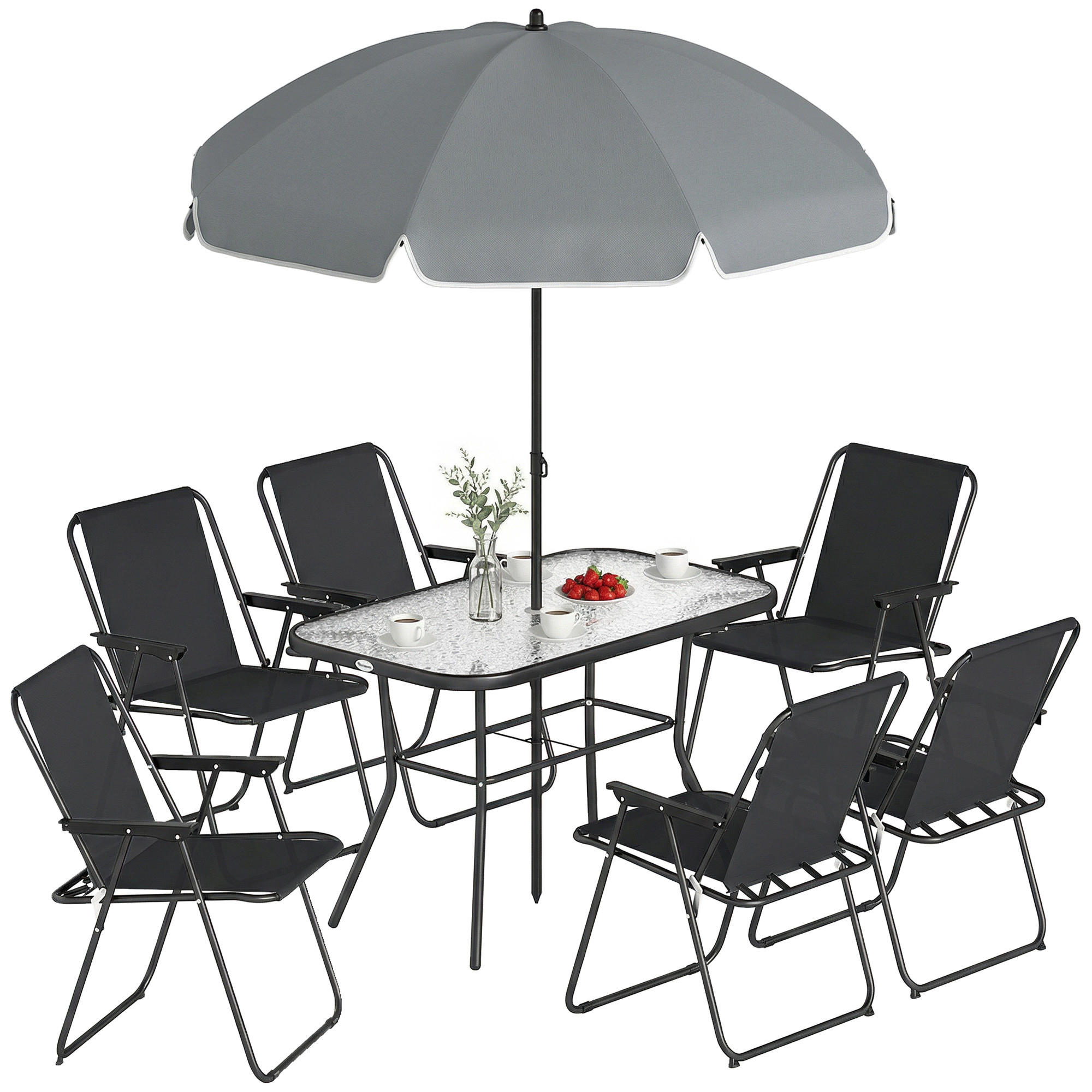GARTEN-SET 8-teilig,Sonnenschirm+6 Klappstühle+Glastisch,schwarz - Schwarz, Metall - Vallsero