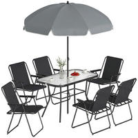 GARTEN-SET 8-teilig,Sonnenschirm+6 Klappstühle+Glastisch,schwarz - Schwarz, Metall - Vallsero