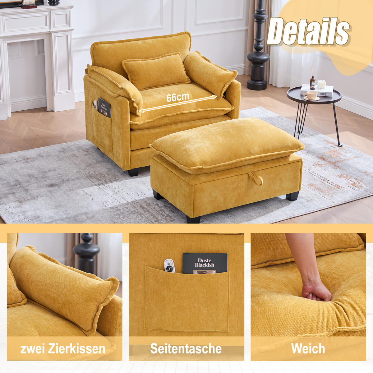 LOUNGESESSEL mit Hocker und Stauraum in Samt, 103 / 85 / 91 cm - Gelb, Textil (85/91/103cm) - PARAFTA HOME
