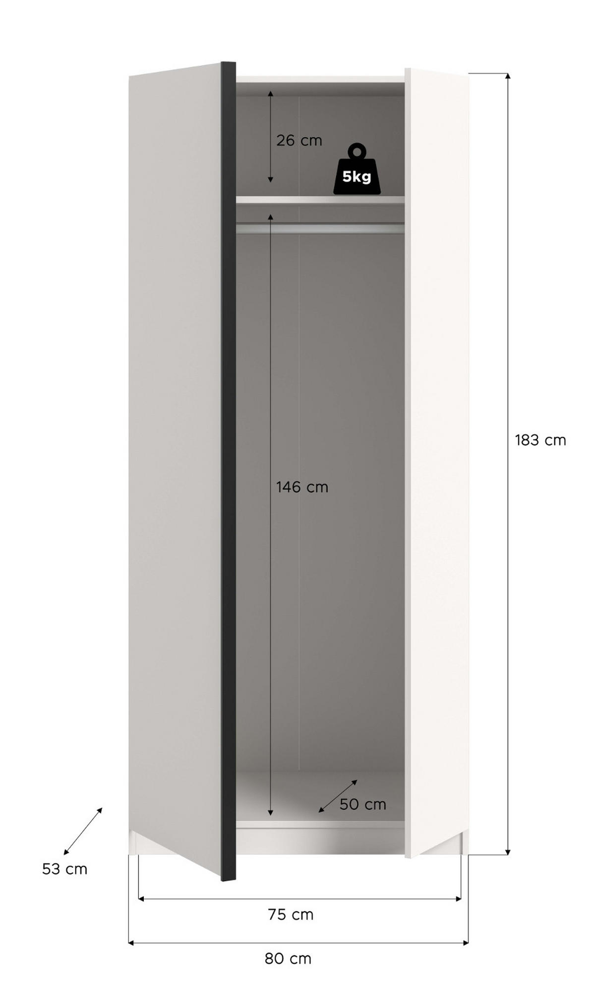 KLEIDERSCHRANK weiß 2-türig 80 x 183 cm, Drehtürenschrank inklusive Einlegeböden - Schwarz/Weiß, Holzwerkstoff/Kunststoff (80/183/53cm) - Inn.Furn