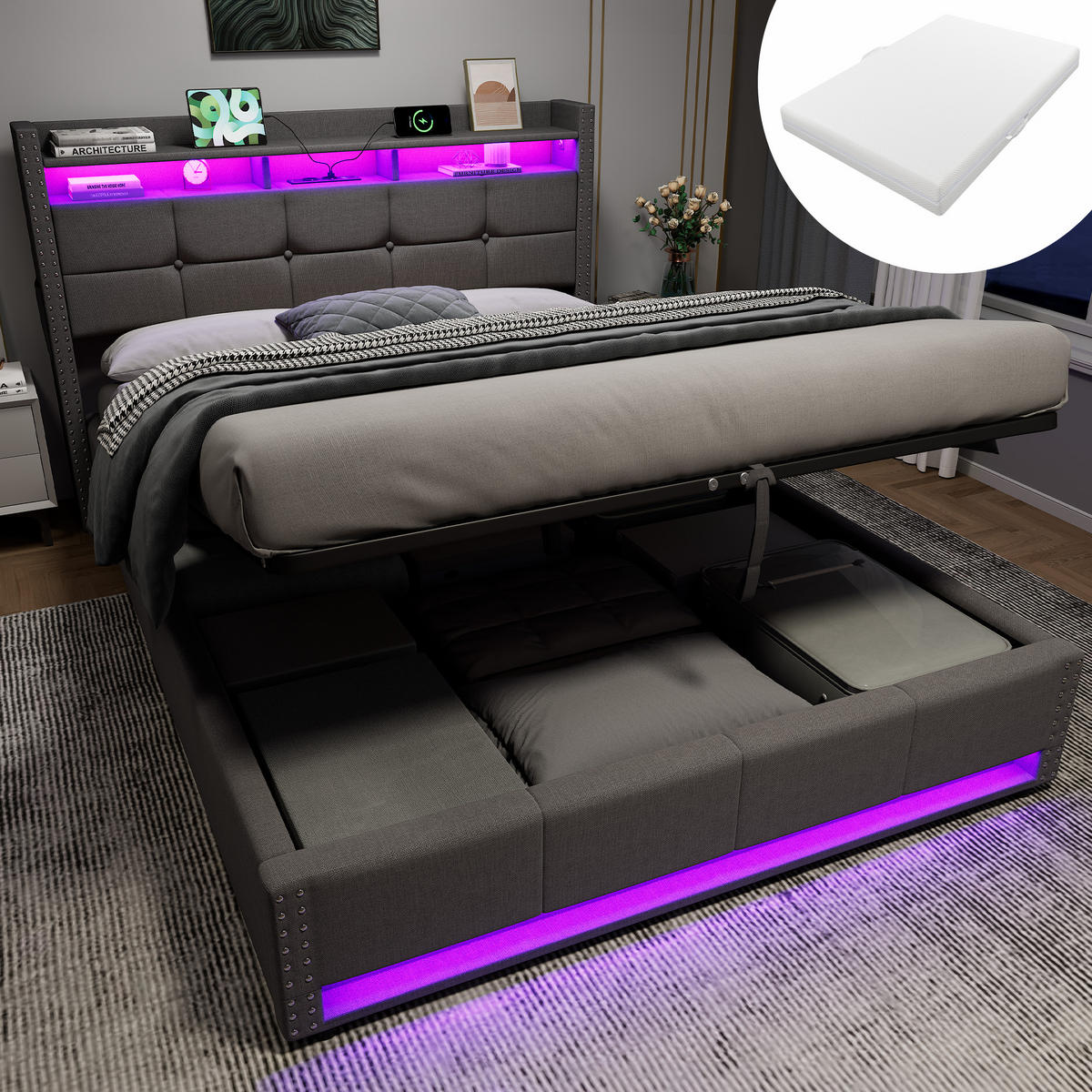 POLSTERBETT 140×200 mit Matratze und Bettkasten, LED und USB, Leinenbezug, in Grau - Grau, Holzwerkstoff/Textil (140/200cm) - STILVORA